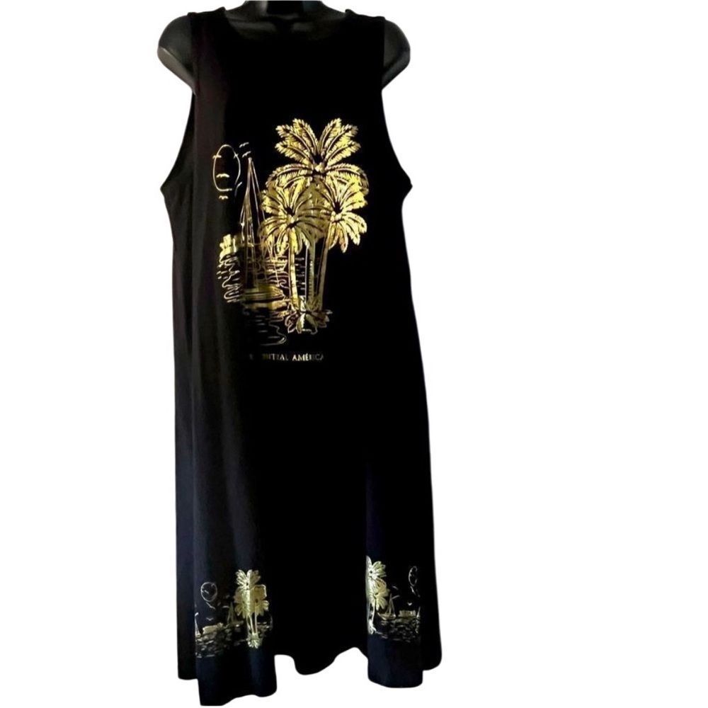 VTG 80s 90s Black Gold Palm Tree  Camp Cotton Tank Dress Swim Coverup Beach XL